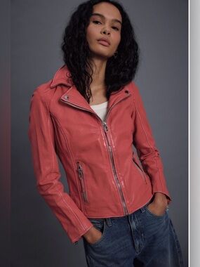 Free People Mauritius Louiza  Coral Leather Moto Jacket